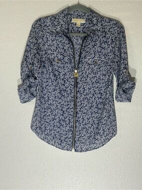 Michael Kors Navy and White Floral Zip-Front Button Down Shirt